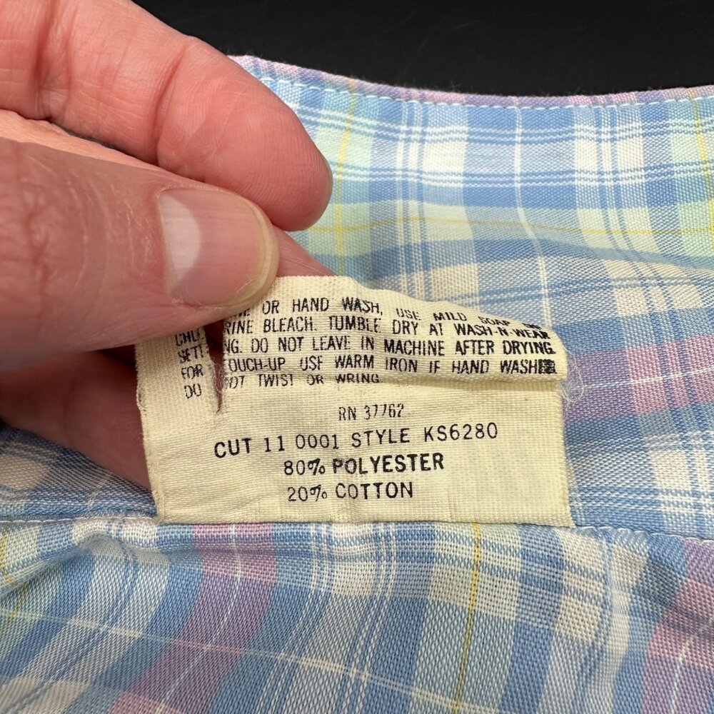 Vintage Plaid Button Up Blouse Blue Pink Bow Tie 1970s Business Shirt Retro - Picture 5 of 6